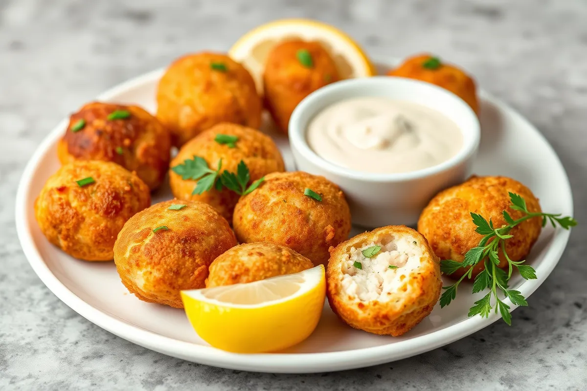 Golden salmon croquettes served on a white plate with fresh herbs and a side of dipping sauce