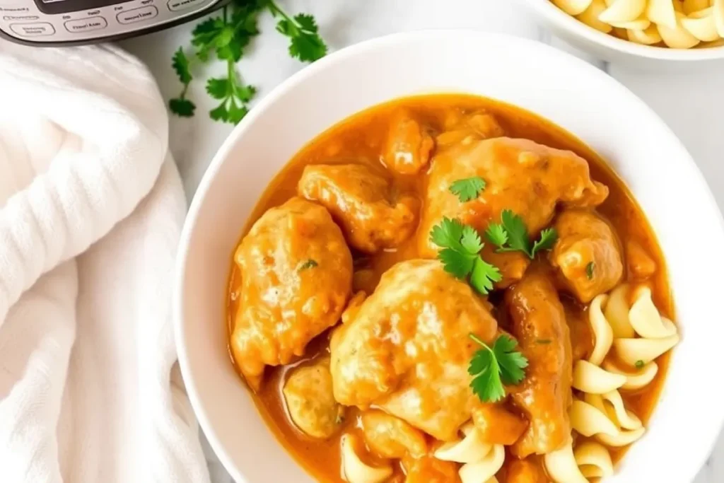  A bowl of creamy Chicken Paprikash served with egg noodles, topped with fresh parsley, ready to enjoy