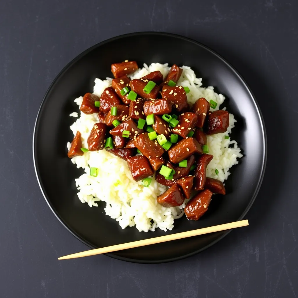 Plating the delicious beef stir-fry over fluffy white rice, garnished with sesame seeds and green onions for added flair