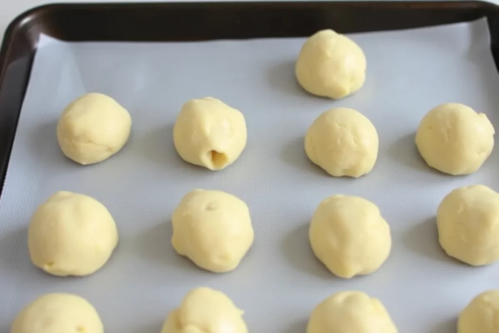 Hands shaping dough into balls for Spider Cookies on a baking sheet, with chocolate chips and candy eyes