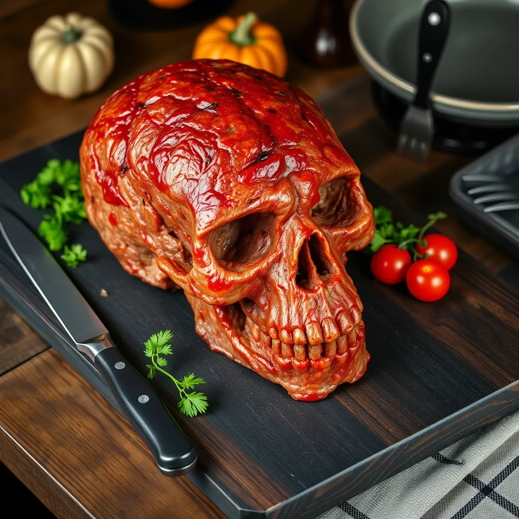 Skull Meatloaf presented on a dark wooden cutting board, garnished with parsley and cherry tomatoes, creating a spooky Halloween dish perfect for festive gatherings