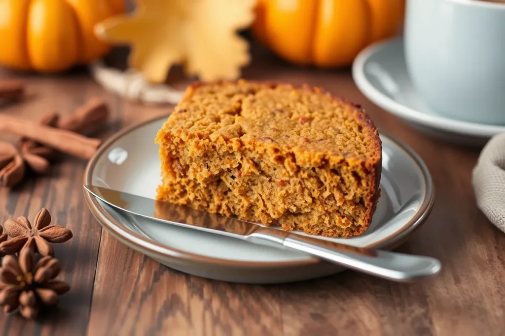 A slice of moist pumpkin bread served on a plate with a butter knife, surrounded by cozy fall decor