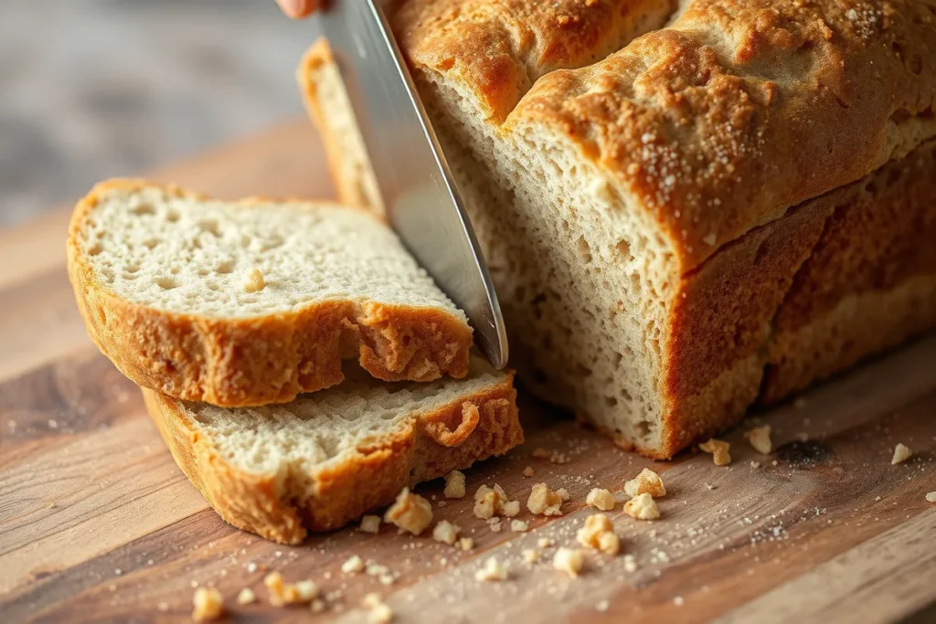 A close-up of a hand slicing through a freshly baked loaf of honey wheat bread, with crumbs falling onto a wooden surface, showcasing the bread's texture.