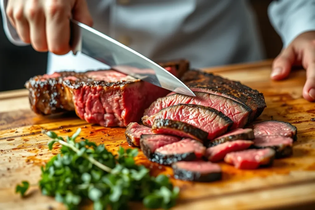 Chef slicing ribeye steak for authentic Philly cheesesteak recipe