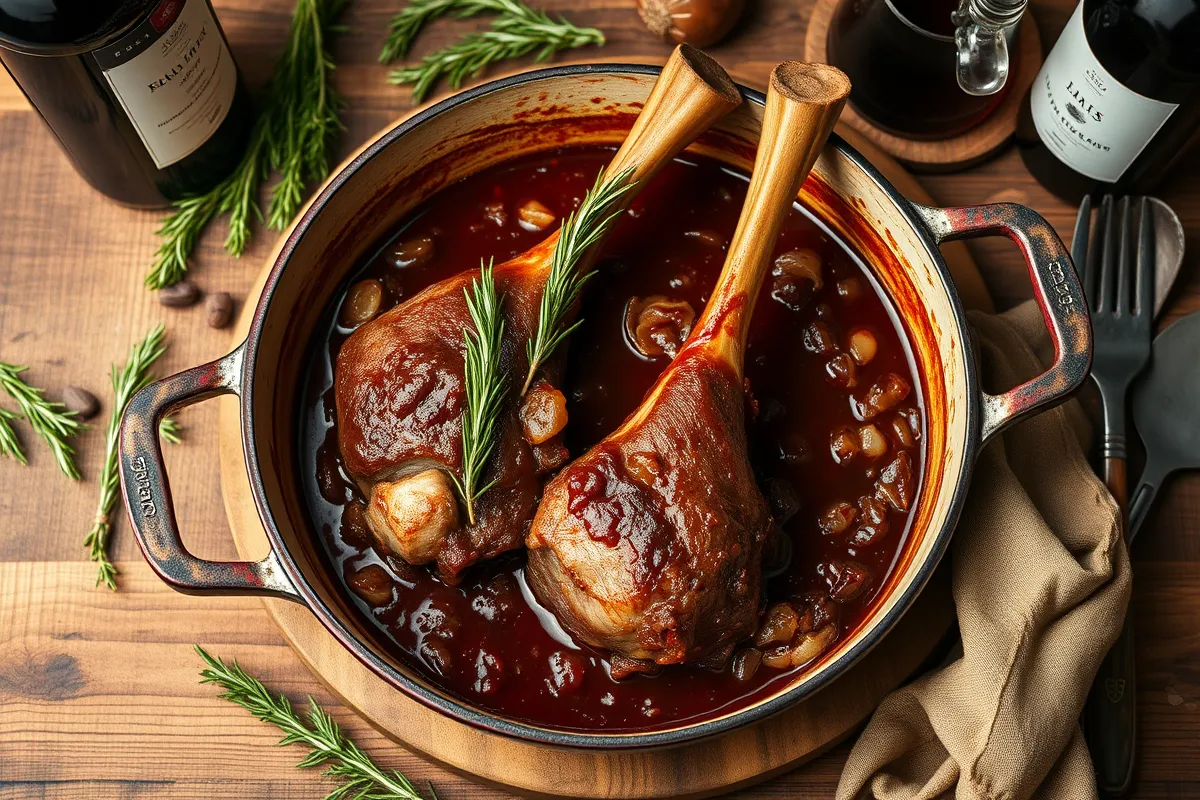 Delicious slow-cooked lamb shanks in a rich red wine sauce, garnished with rosemary and thyme, served in a cast-iron skillet on a rustic wooden table