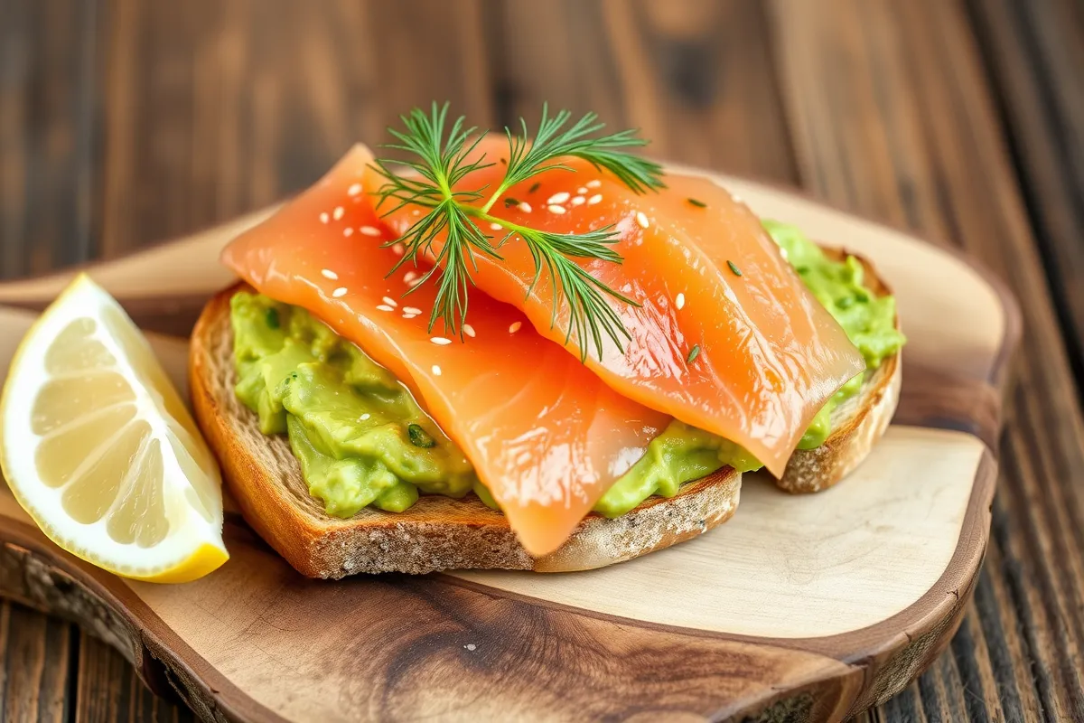 A vibrant plate of Smoked Salmon Avocado Toast topped with fresh dill and sesame seeds, served on a wooden board with a lemon wedge.