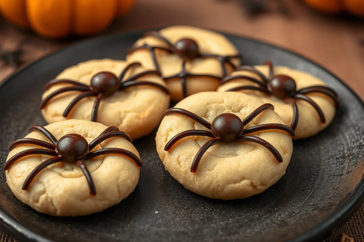 Close-up of spider cookies with chocolate eyes and licorice legs on a plate, perfect for a spooky Halloween treat