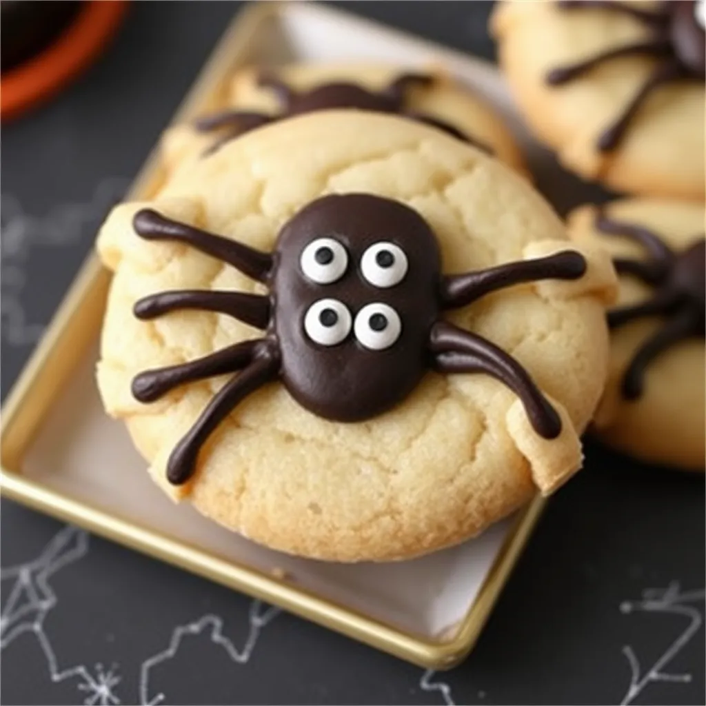 Plate of spider cookies decorated for Halloween, featuring chocolate frosting bodies and candy legs, surrounded by autumn-themed decorations