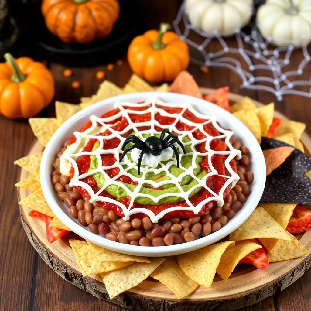 A beautifully presented Spider Web Taco Dip in a white serving bowl, featuring layered refried beans, guacamole, sour cream, and salsa. The dip is topped with a sour cream spider web design and a plastic spider, surrounded by colorful tortilla chips on a rustic wooden board, set against a festive Halloween background.