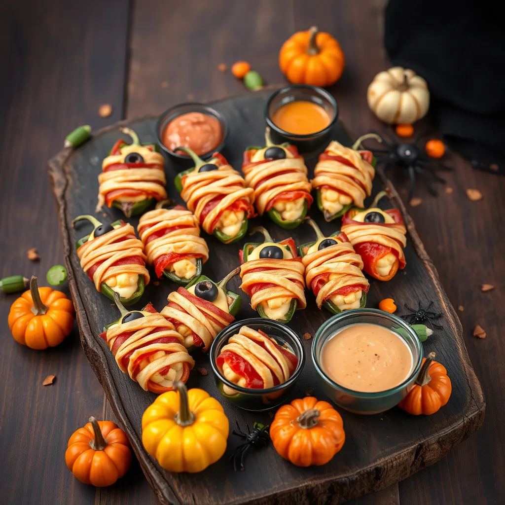 Spooky Jalapeño Poppers arranged on a rustic wooden platter, resembling mummies with creamy cheese filling, crispy bacon, and olive eyes, surrounded by Halloween decorations