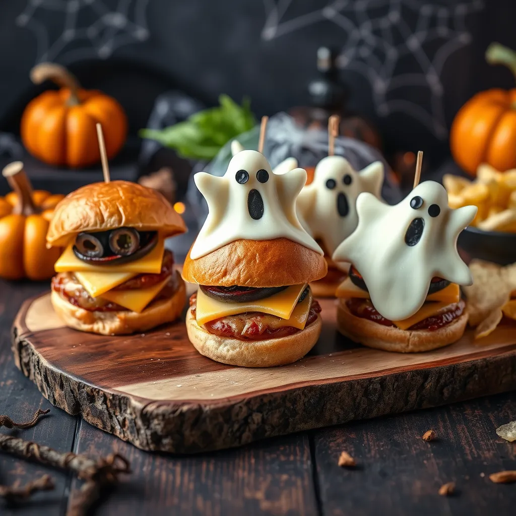 Spooky sliders presented on a rustic wooden board, decorated with olive eyes and ghost-shaped cheese cutouts, surrounded by Halloween-themed decor like small pumpkins and cobwebs