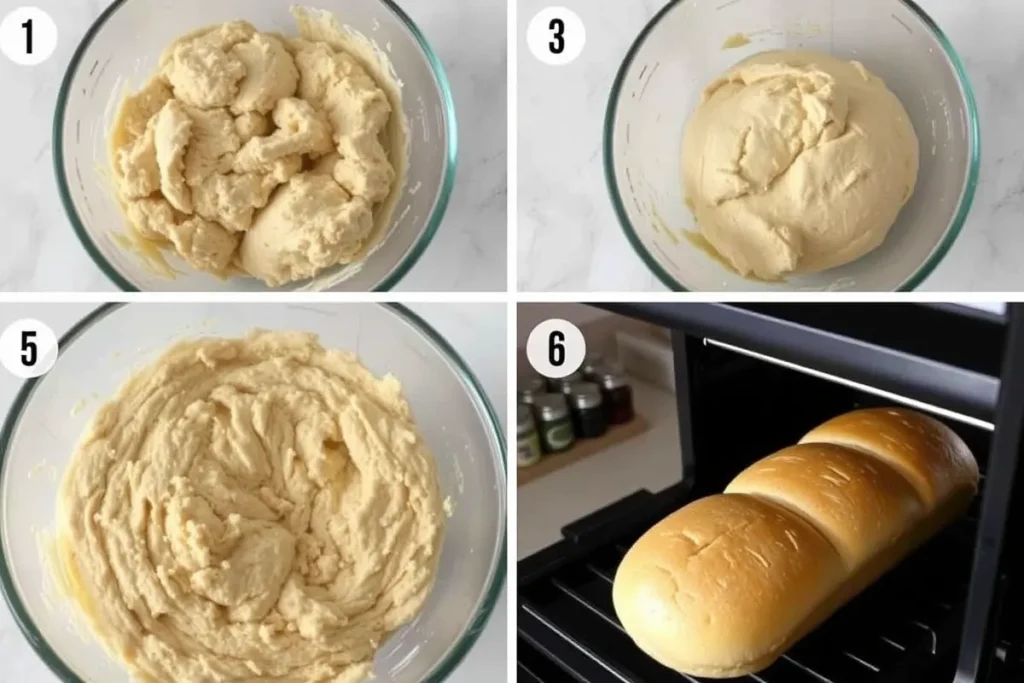 A collage showing the step-by-step process of making honey wheat bread, including mixing dough, kneading, rising, and baking in the oven.