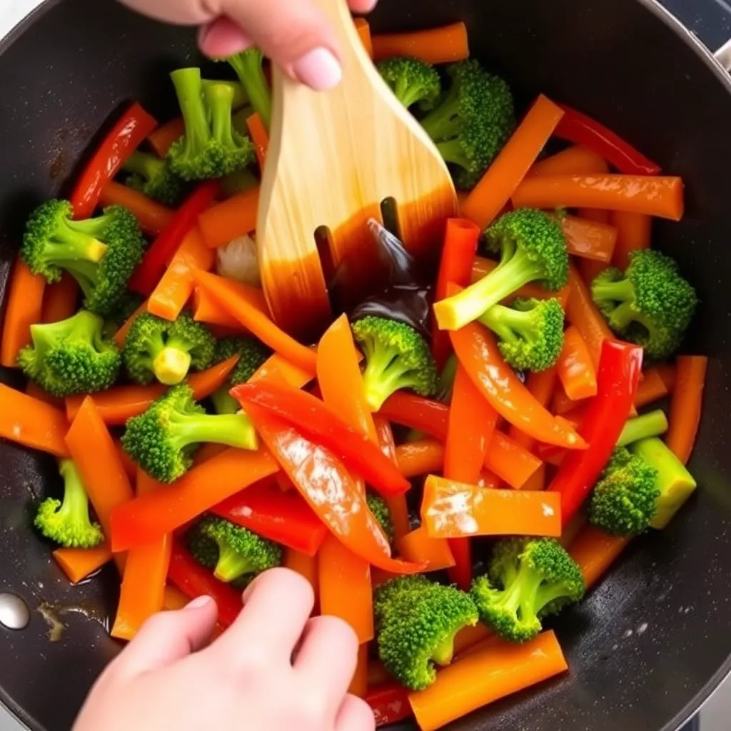 Adding vibrant vegetables to the wok, stir-frying them to crisp perfection while retaining their bright colors