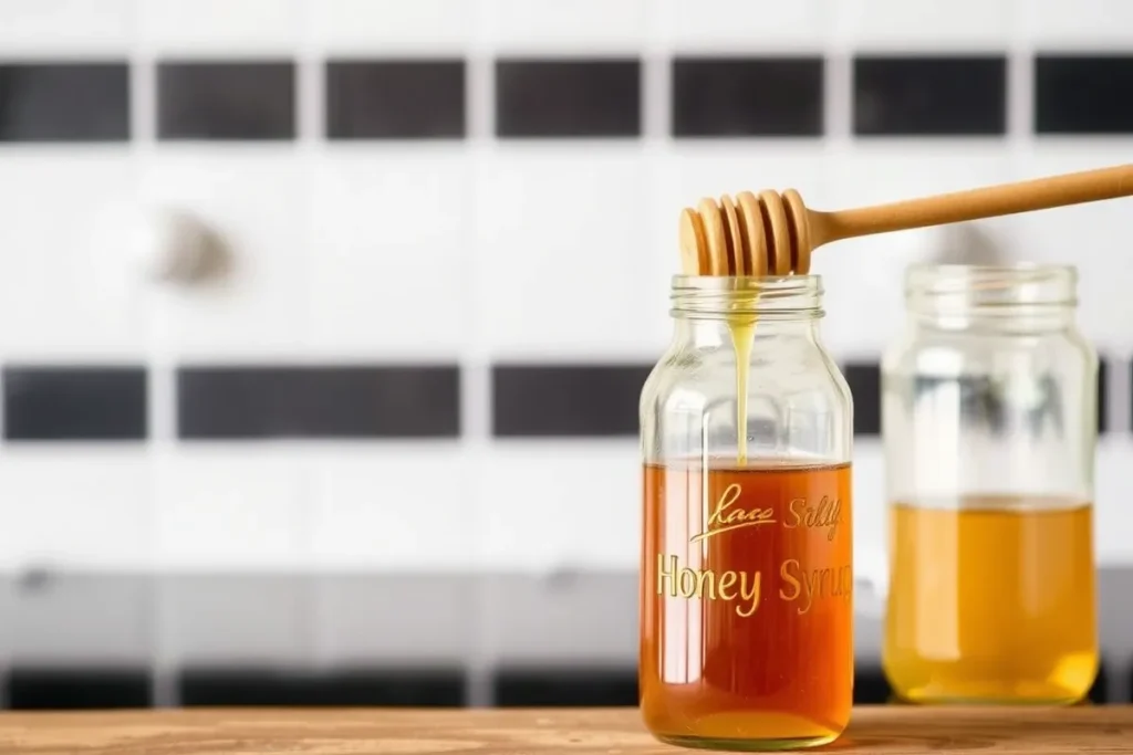 Honey syrup being stored in a glass bottle for easy access and use in recipes.