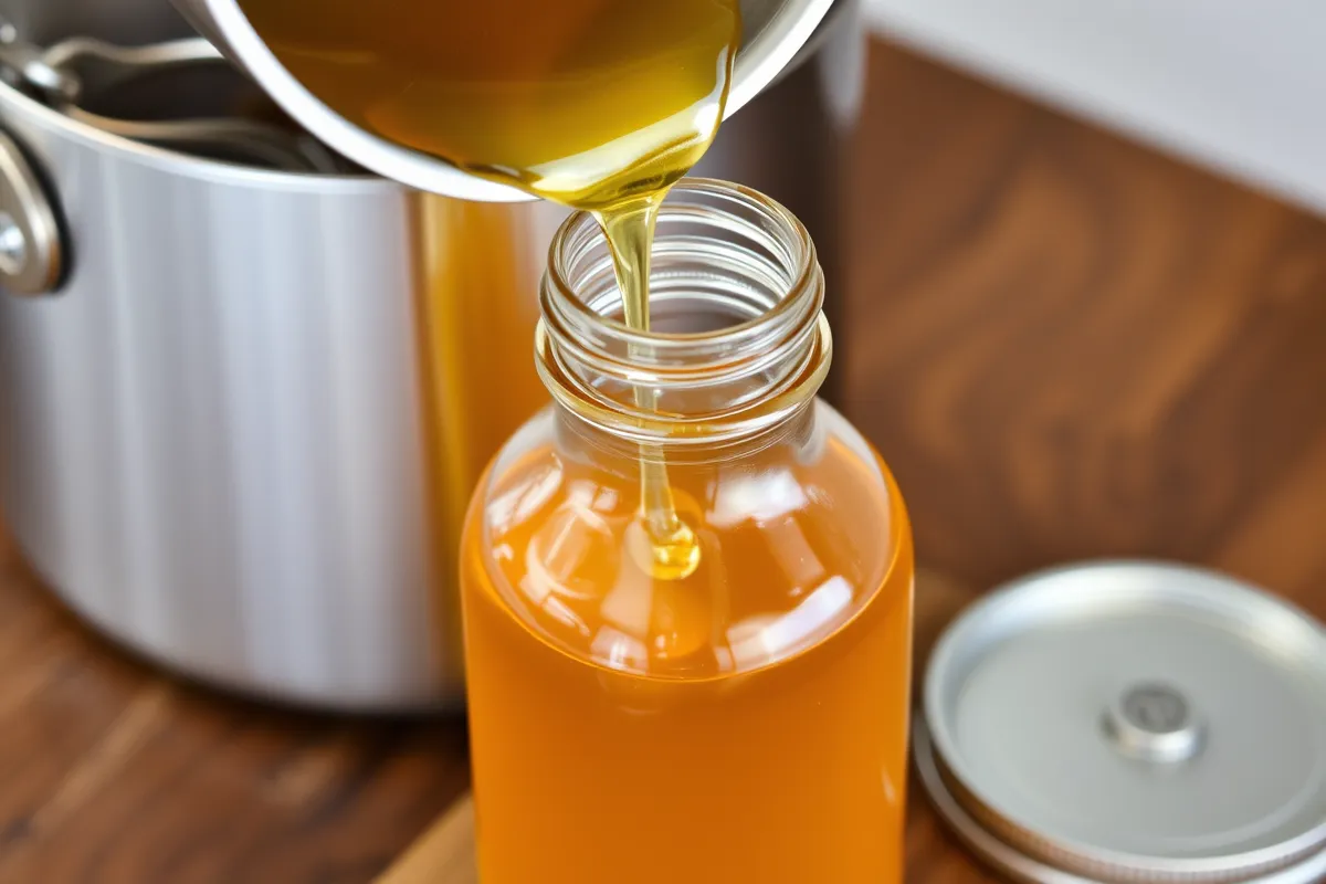 Honey syrup being stored in a glass bottle for easy access and use in recipes