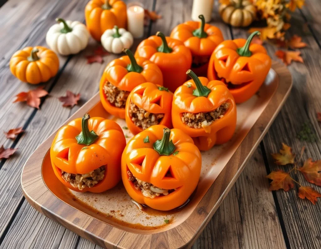 "Stuffed Jack-O'-Lantern Peppers filled with a savory rice and bean mixture, topped with melted cheese, presented on a rustic wooden table surrounded by autumn leaves and pumpkins, evoking a festive Halloween theme."

