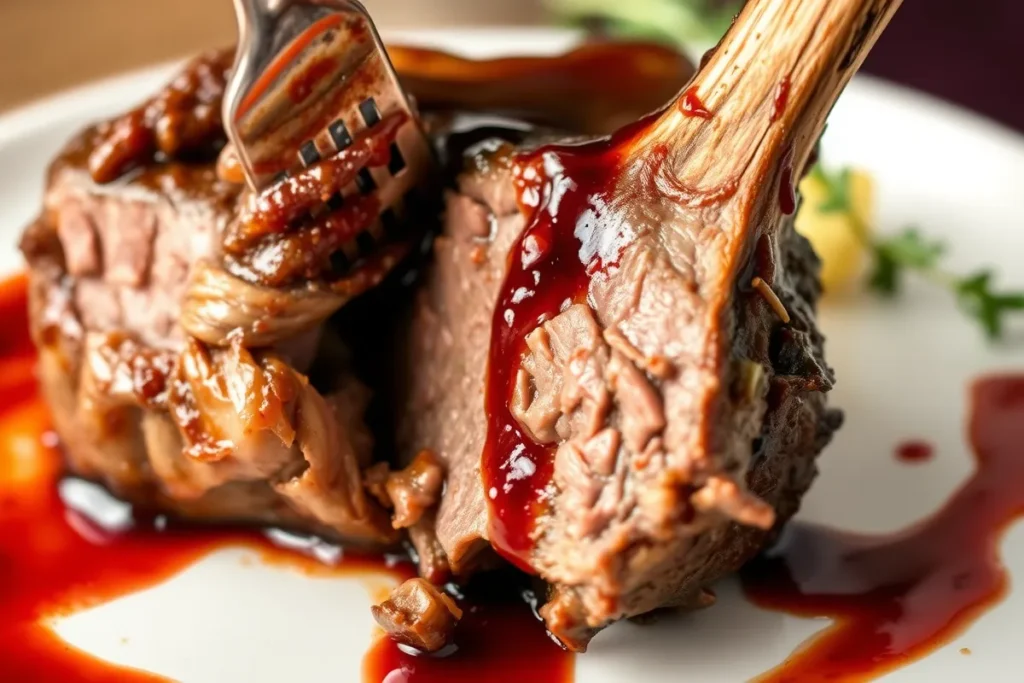 Close-up of a perfectly cooked Slow Cooked Lamb Shank with tender meat and flavorful red wine sauce