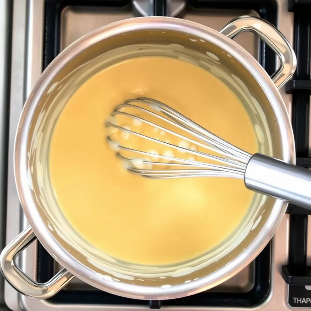 A smooth and creamy sauce thickening on the stovetop, ready for cheese to be added for macaroni and cheese