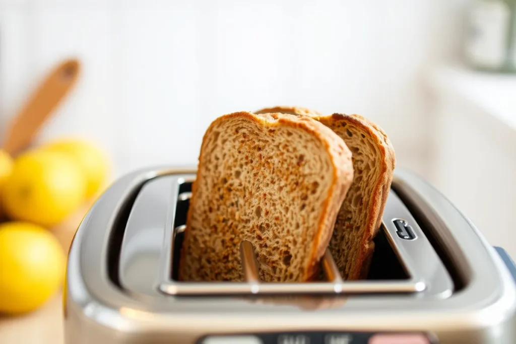 Slices of whole-grain bread toasting in a toaster for Smoked Salmon Avocado Toast.