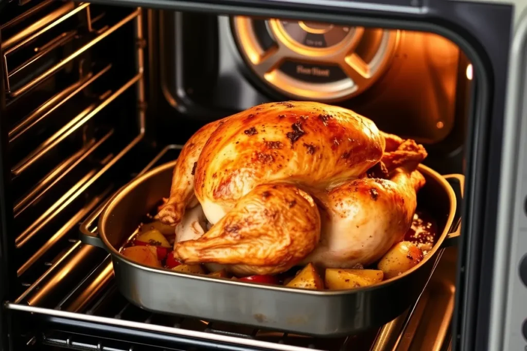 Turkey halfway through roasting in the oven, developing a golden-brown skin, with caramelizing vegetables in the pan