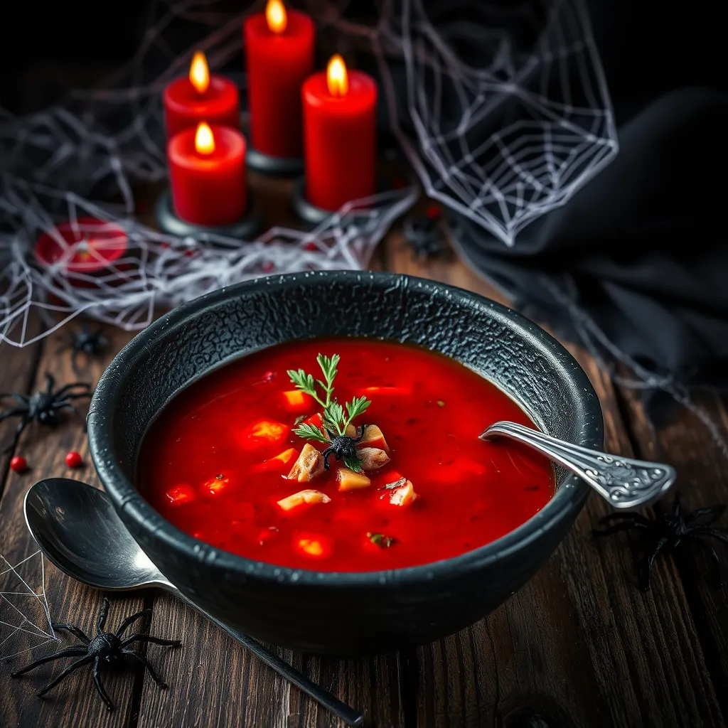 A dark gothic presentation of Vampire Blood Soup in a textured black bowl, surrounded by Halloween decorations like spider webs and red candles, evoking a spooky yet inviting atmosphere