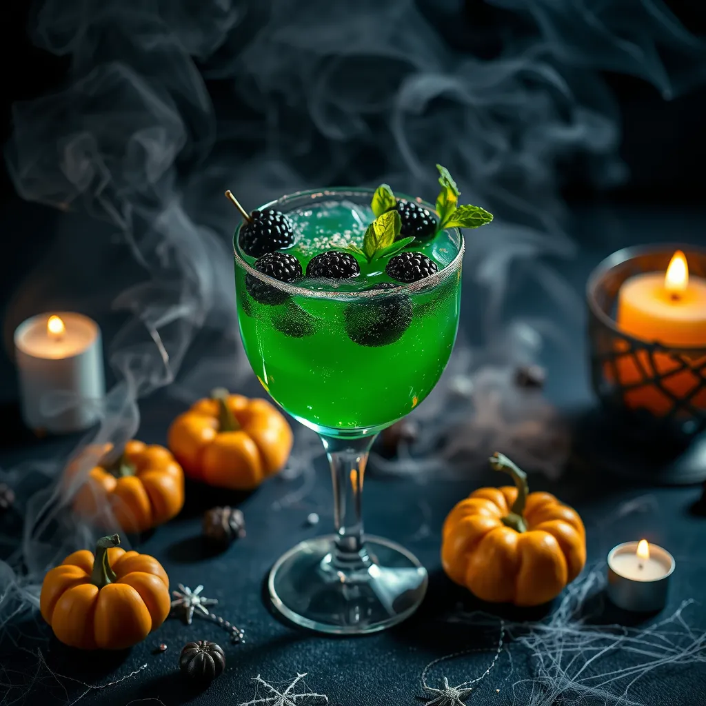 Witches’ Brew Cocktail – a spooky green Halloween cocktail recipe in a cauldron-style glass, perfect for Halloween parties