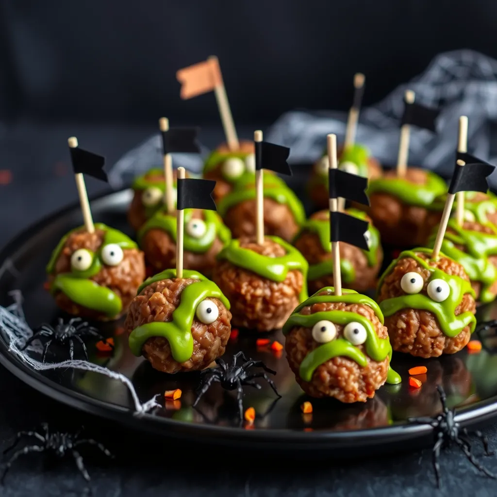 "Zombie Meatballs served on a spooky platter, decorated with green sauce and Halloween-themed garnishes like fake spider webs and plastic spiders, creating a fun and eerie Halloween appetizer presentation."

