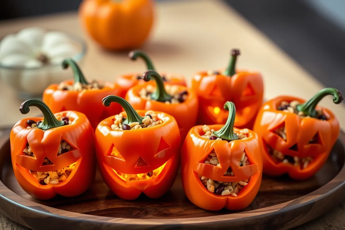 Jack-O'-Lantern Stuffed Peppers carved into Halloween faces, filled with savory stuffing. Perfect for a festive fall recipe