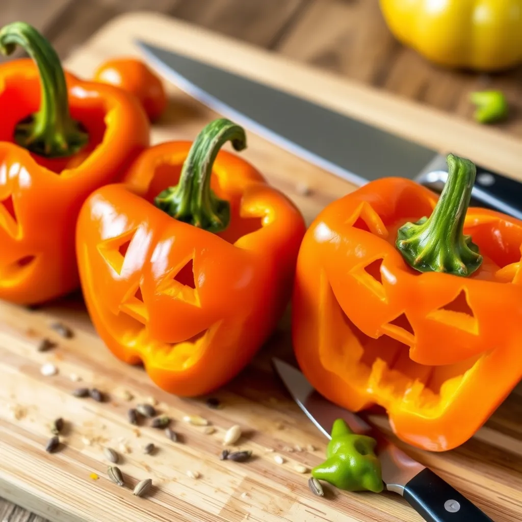 Cut the tops off the bell peppers and set them aside. Remove the seeds and ribs from the inside of the peppers. Using a small knife, carefully carve Jack O' Lantern faces into the sides of each pepper—triangles for eyes and a toothy grin are classic options!