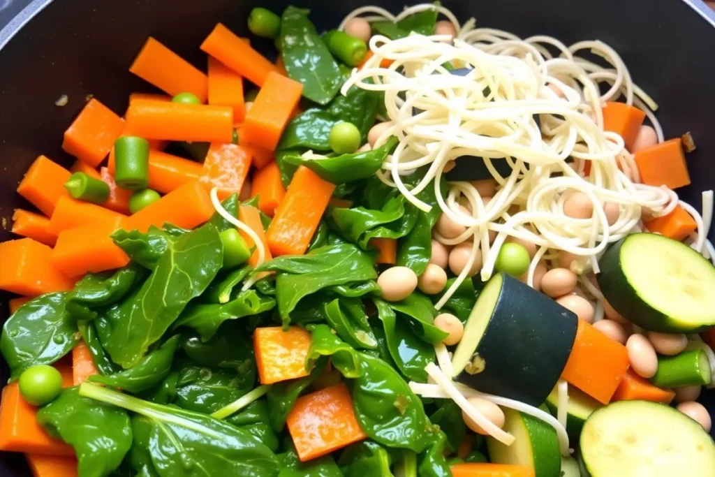 Carrots, spinach, bean sprouts, and zucchini sautéing in a pan for Bibimbap