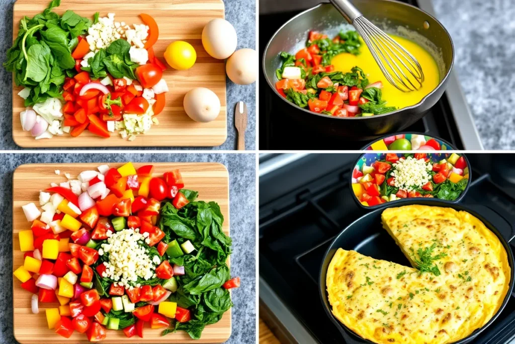 A comprehensive step-by-step visual guide to making a vegetable Perfect Frittata, showcasing ingredient preparation, mixing eggs, sautéing vegetables, combining ingredients, cooking in a skillet, and the finished dish, highlighting the vibrant colors and fresh ingredients.