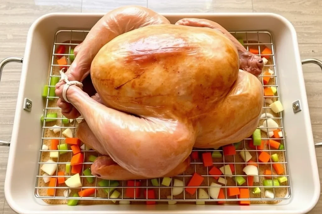 Turkey positioned in a roasting pan with a wire rack, legs tied, and surrounded by chopped vegetables like carrots, celery, and onions.