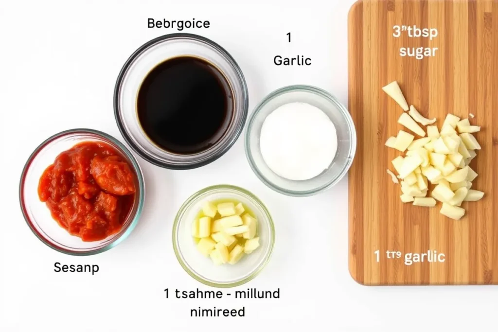 Ingredients for making Korean Gochujang sauce: gochujang, sesame oil, soy sauce, sugar, rice vinegar, and garlic