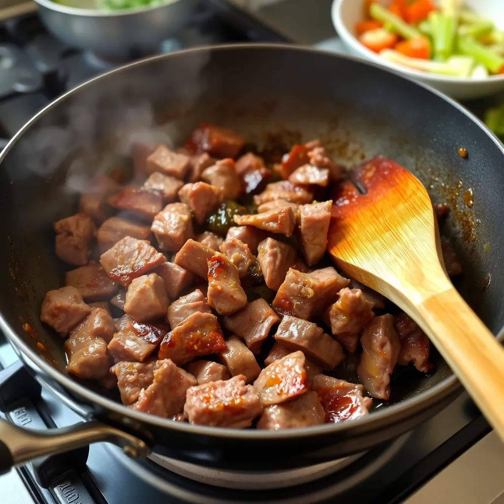 Sizzling marinated beef strips in a hot wok, achieving a perfect sear for enhanced flavor