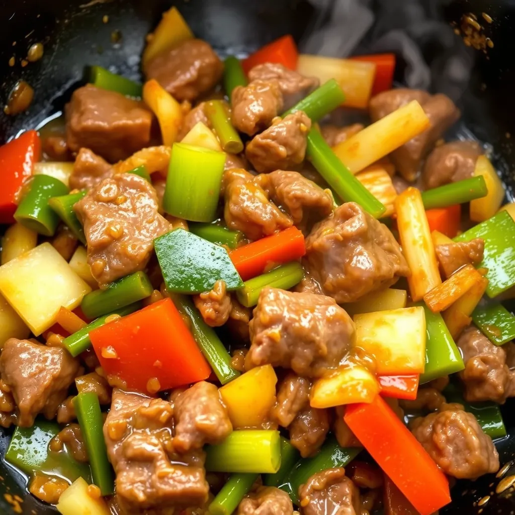 Combining tender beef and fresh vegetables in the wok, creating a colorful and flavorful medley