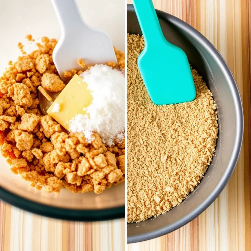 Bowl of graham cracker crumbs, sugar, and melted butter being mixed to form the crust for Philadelphia cheesecake