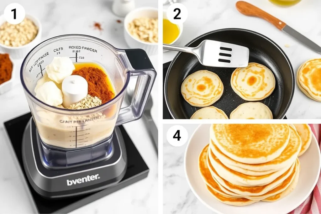 1. Ingredients like cottage cheese, rolled oats, eggs, vanilla, and cinnamon in a blender to make a high-protein pancake batter / 2. Non-stick skillet on medium heat lightly coated with olive oil, ready for cooking cottage cheese pancakes - 3. Cottage cheese pancake batter cooking in a skillet, with bubbles on the surface and edges setting, for a high-protein meal - 4. Spatula flipping a golden-brown cottage cheese pancake in a skillet, showing the perfect cook for a protein-packed breakfast