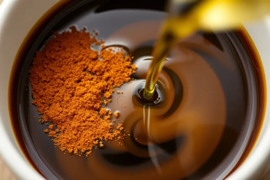 Cinnamon, turmeric, and MCT oil being added to black coffee, enhancing the flavors and benefits for the Coffee Loophole Recipe