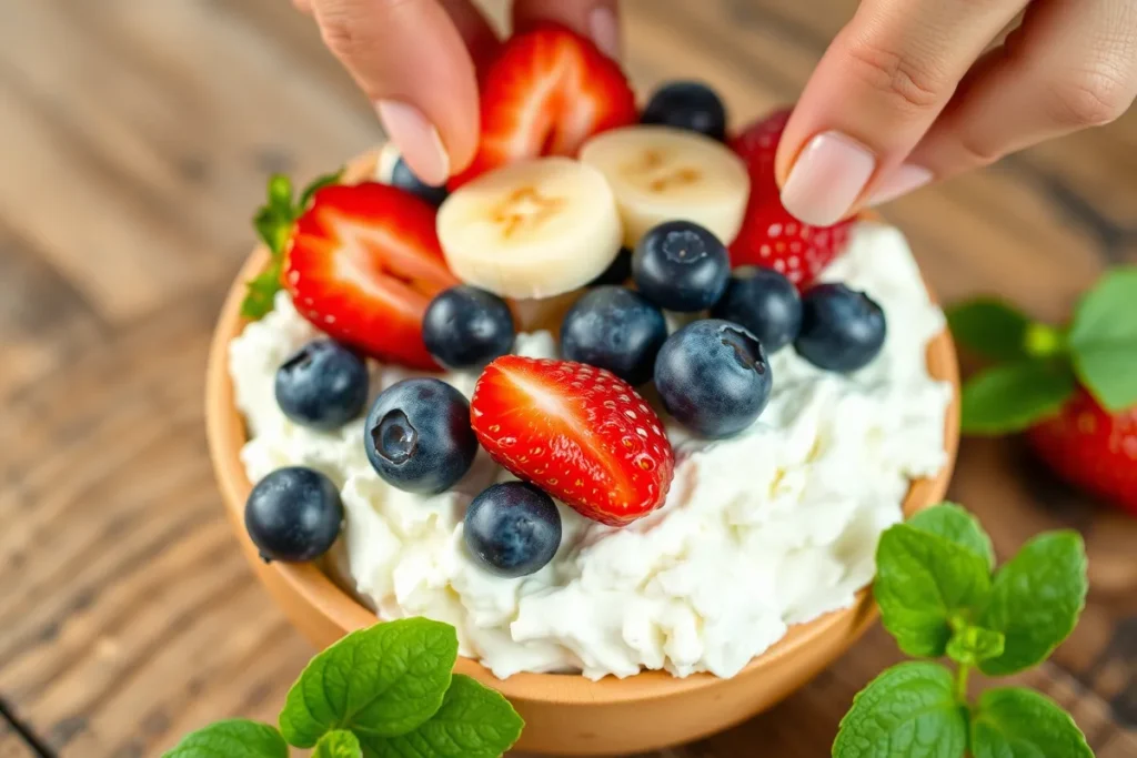 Homemade cottage cheese bowl topped with fresh fruits such as bananas, strawberries, and blueberries