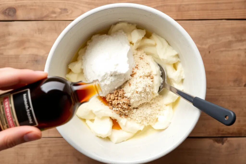 Vanilla extract and almond flour being mixed into cottage cheese cookie dough for added flavor and thickness