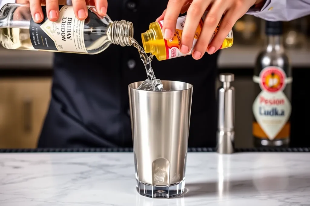 Pouring vanilla vodka and passion fruit liqueur into a cocktail shaker with ice to start the Porn Star Martini cocktail