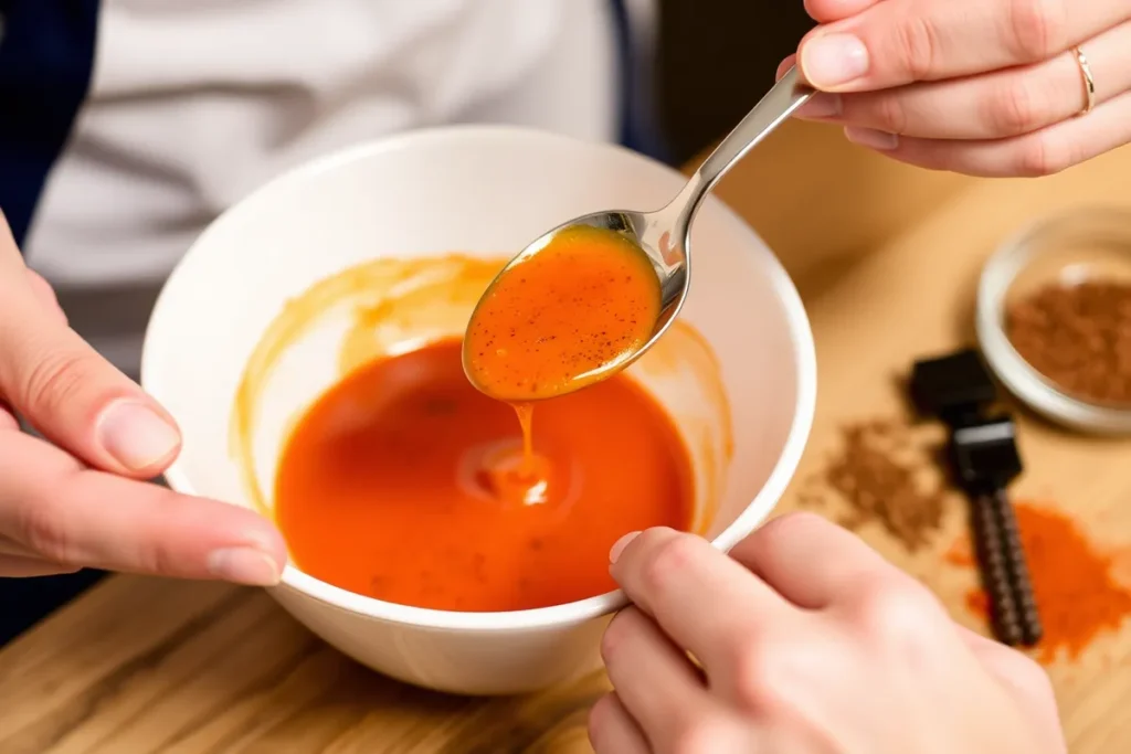 Tasting and adjusting the seasoning of Cane’s Sauce to your preference for the perfect flavor