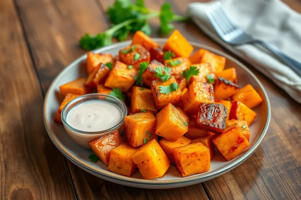 ( cook sweet potatoes in air fryer ) Crispy air-fried sweet potatoes served on a plate with parsley garnish and dipping sauce on the side