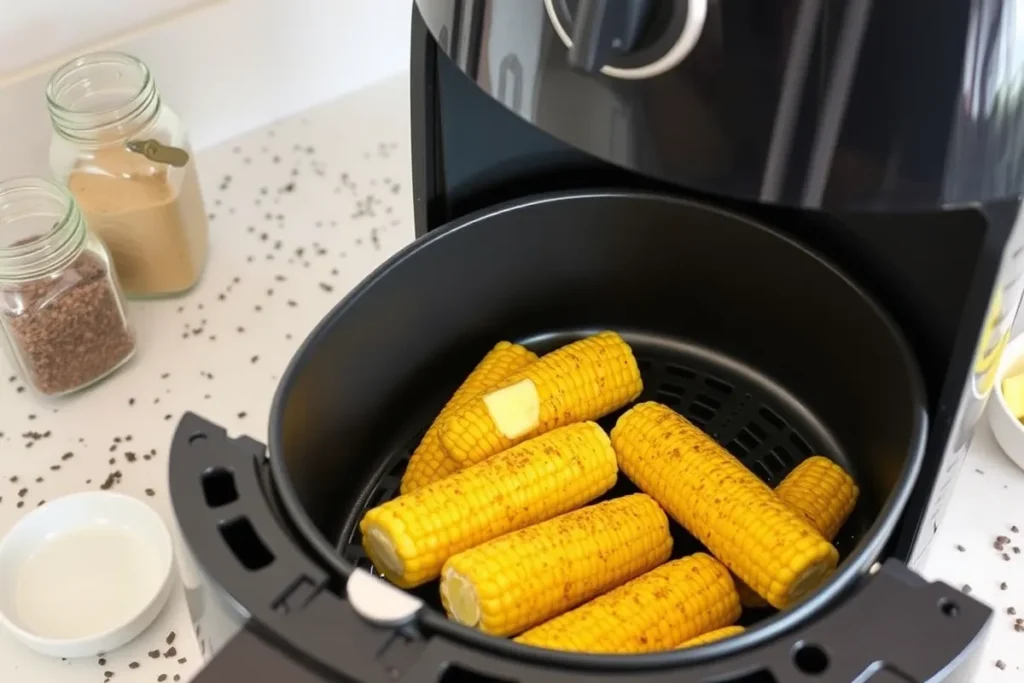 An air fryer basket with frozen corn on the cob coated in butter, ready for cooking, set on a clean kitchen counter