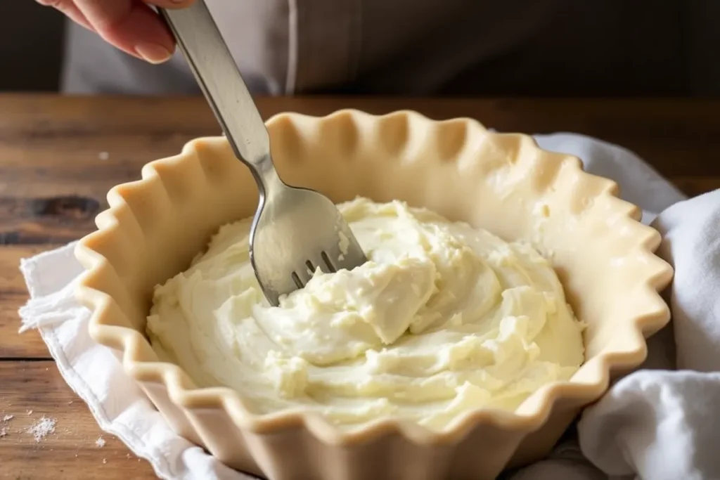 Homemade cottage cheese pie being filled with creamy cottage cheese mixture in a pie dish.
