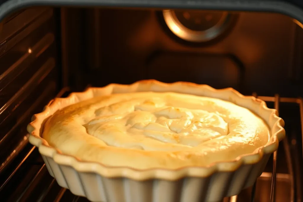 Cottage cheese pie baking in a home oven, with the golden crust starting to form