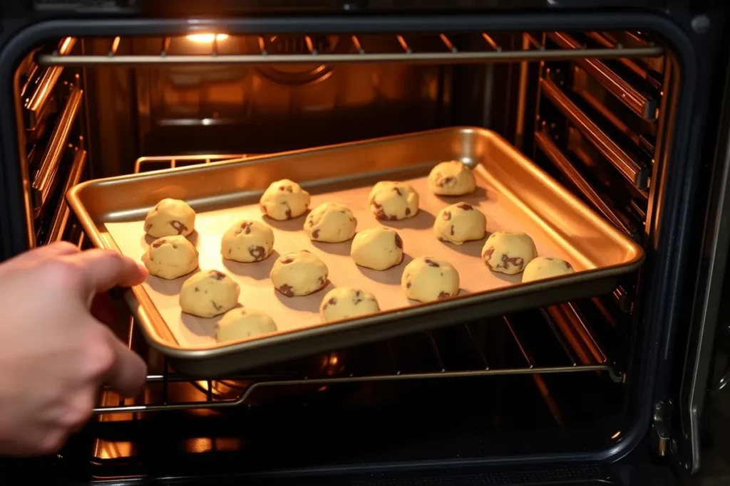 Nestlé Toll House cookies baking in the oven, with the baking sheet filled with dough balls inside.