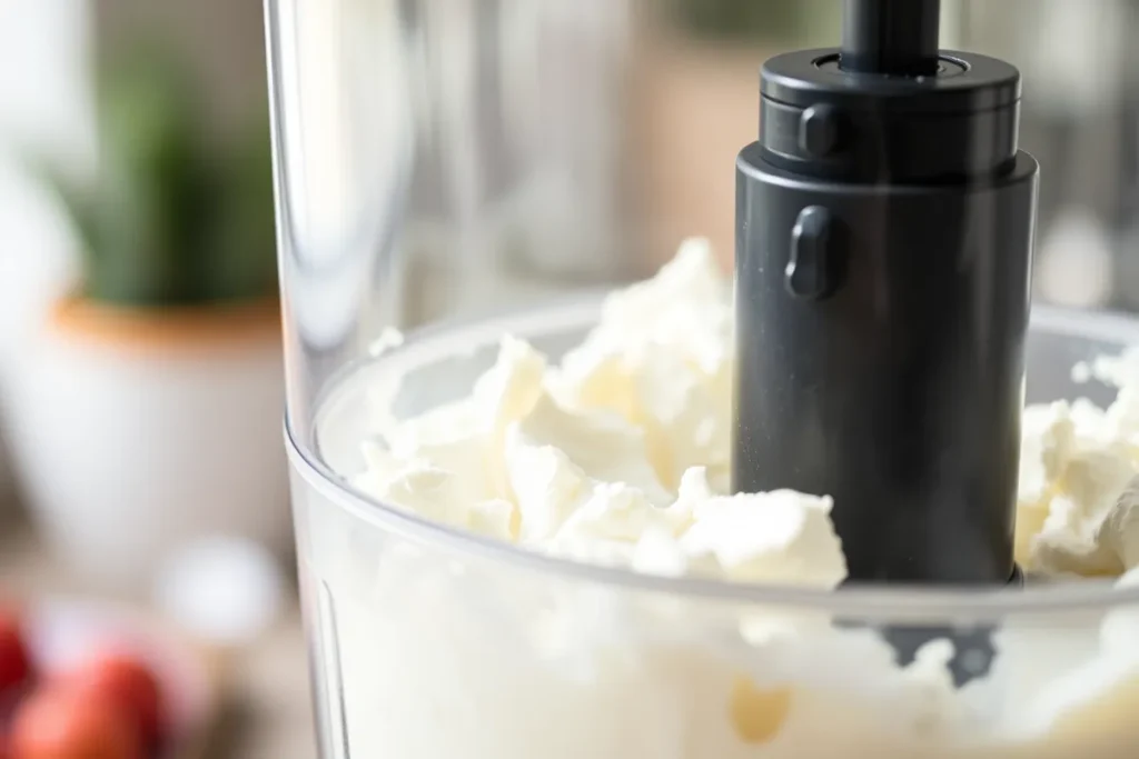 Smooth cottage cheese blended in a food processor for making cottage cheese cookie dough.
