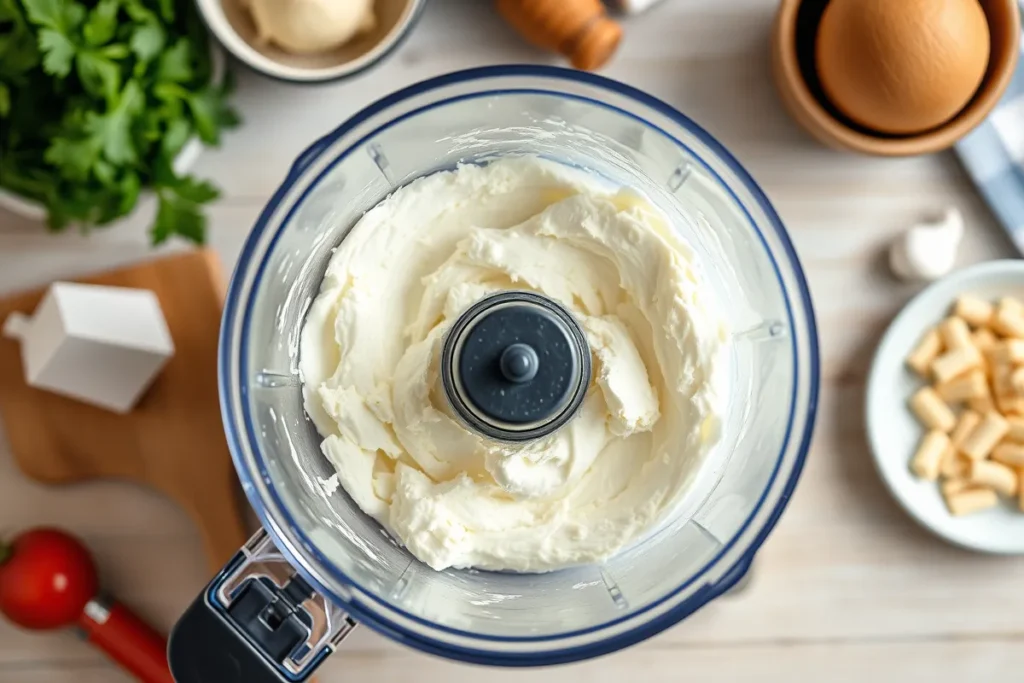 Blending cottage cheese in a food processor to create a smooth and creamy texture for cottage cheese cheesecake filling