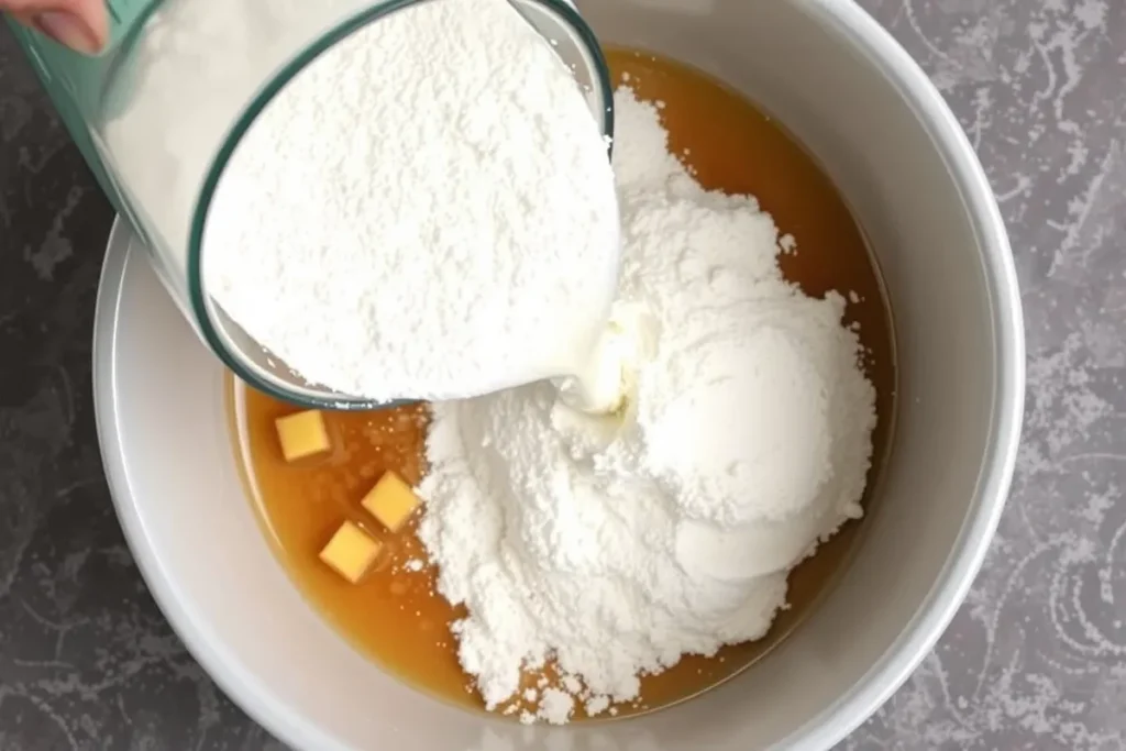 Mixing wet and dry ingredients to form banana bread batter